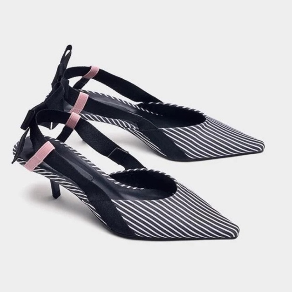 ZARA Slingback Striped Kitten Heel Black Bow  Size 38